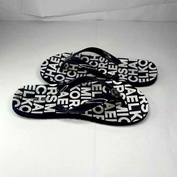 Michael Kors Monogram Logo Navy Blue White Flipflops Sandals Womens - Picture 6 of 8